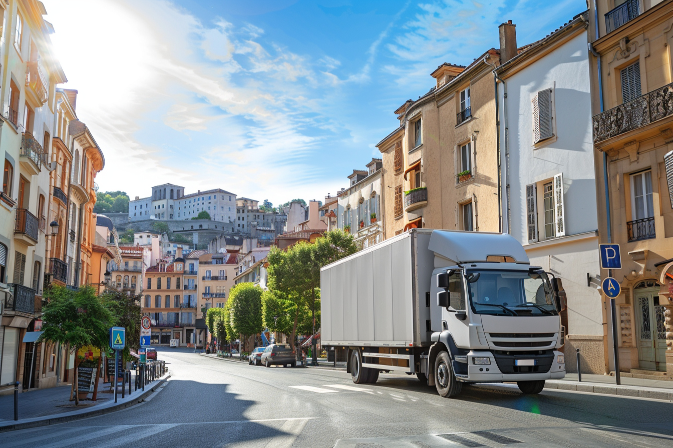 Camion de déménagement garé légalement à Saint-Étienne avec une autorisation de stationnement visible sur le pare-brise