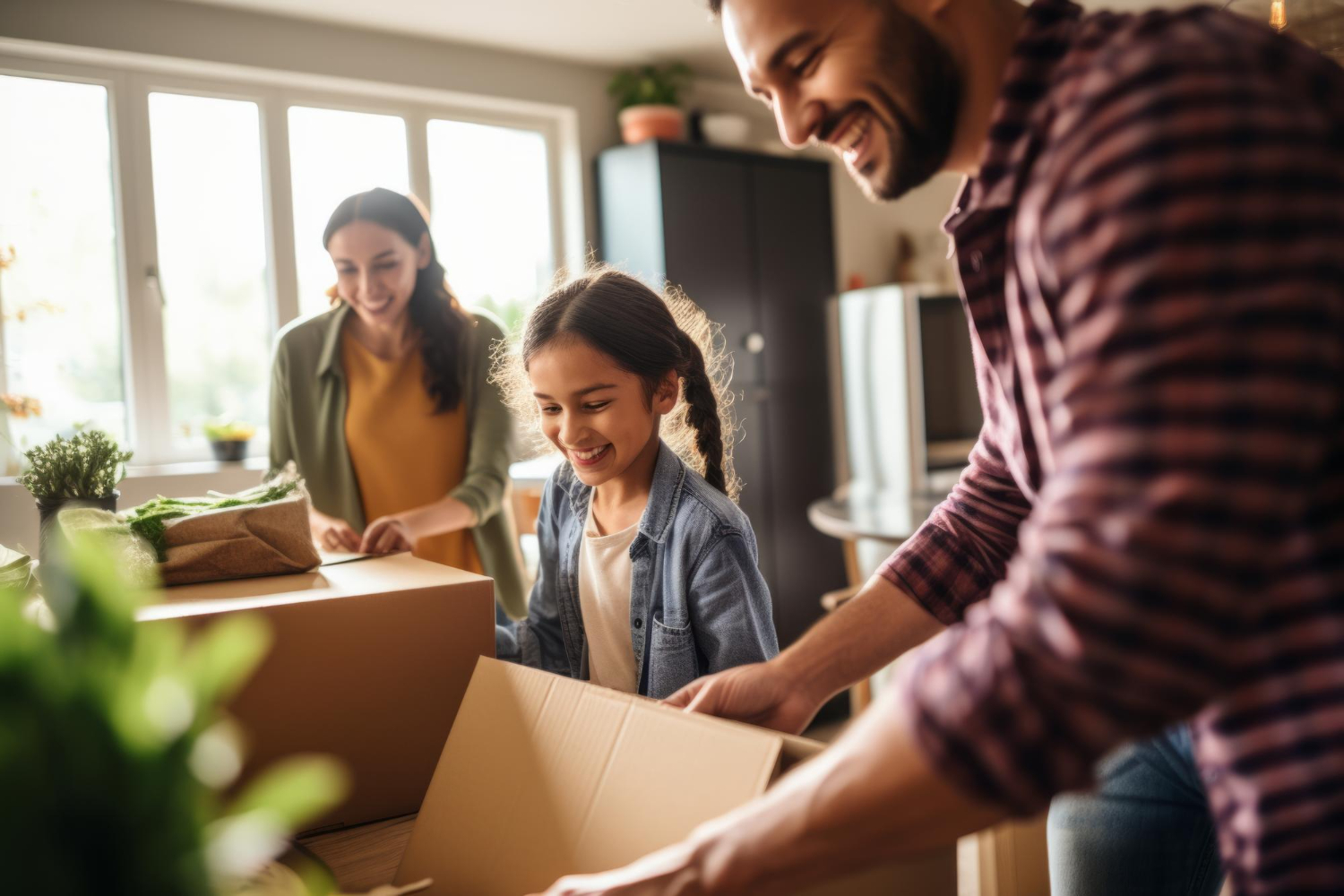 Famille heureuse déménageant ensemble leurs affaires dans une nouvelle maison durant une transition de garde alternée.