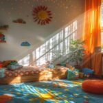 Alt d'image : "Décoration originale et durable pour chambre d'enfant réalisée avec des matériaux recyclés élégamment assemblés.